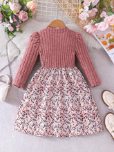 Girls Young Girl Flower Print Patchwork Long Sleeve Knitted Tunic Top & Floral Ornate Print Blue Dress, Elegant And Romantic, Autumn/Winter